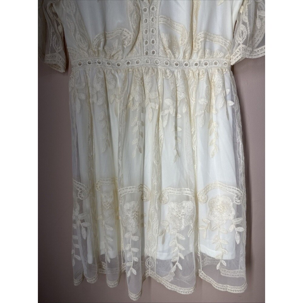 Haute Monde Lace Dress Boho Medium Embroidered V Neck Short Sleeve Cream Ivory - Picture 3 of 16